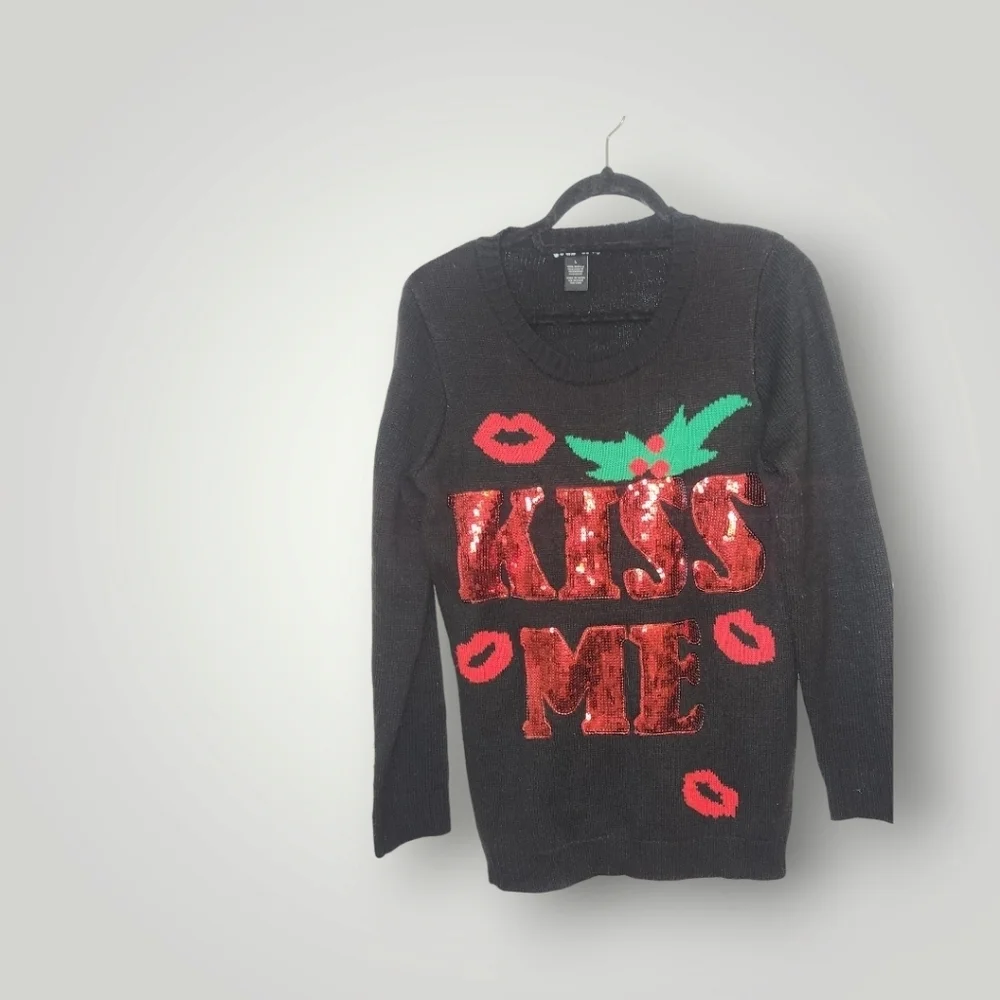 Womens Ugly Christmas Sweater Small Black Kiss Me Mistletoe Sequins Large